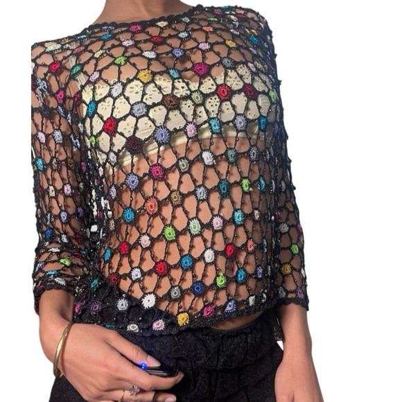 Vintage Open Crochet Cardigan Small Black Beaded Y2K Festival Coachella - Picture 1 of 6